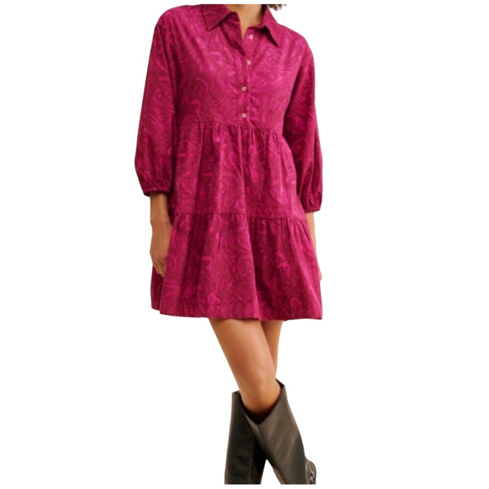 Maeve Anthropologie Paisley Corduroy Tiered Shirt Dress Pink Magenta XL